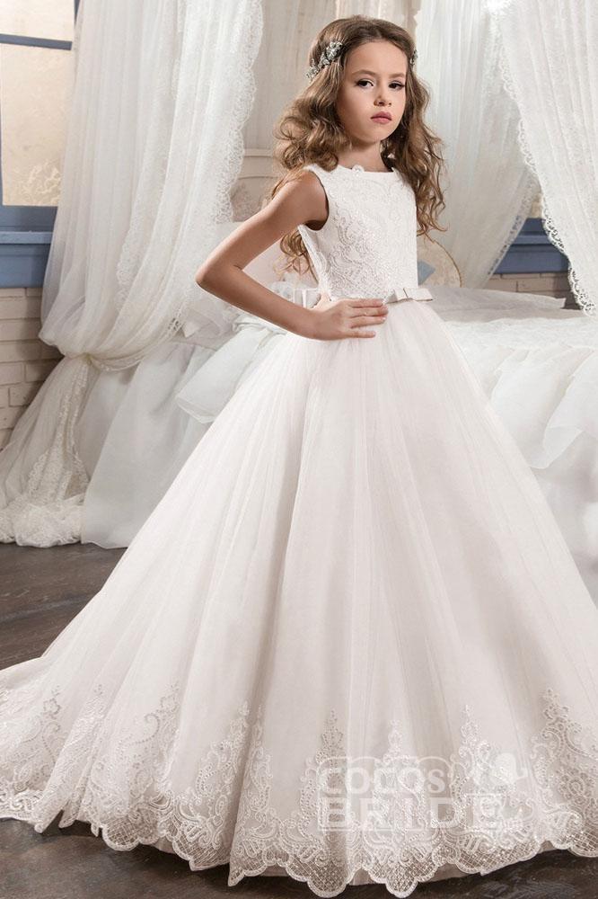 Long Tulle Scoop Neck Sleeveless Ball Gown Flower Girl Dress