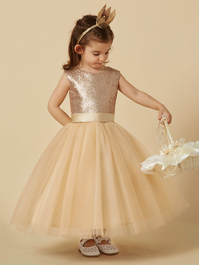 Ball Gown Ankle Length Tulle Sequined Sleeveless Jewel Neck Flower Girl Dresses