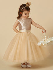 Ball Gown Ankle Length Tulle Sequined Sleeveless Jewel Neck Flower Girl Dresses