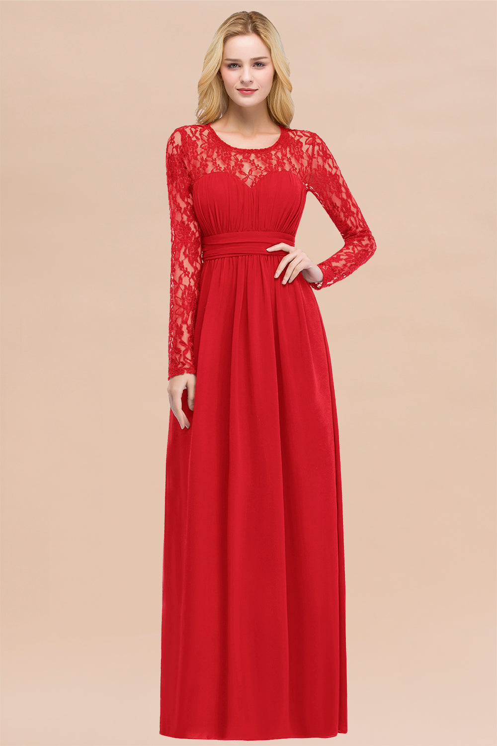 Elegant A-Line Chiffon Jewel Long Sleeves Ruffles Floor Length Bridesmaid Dresses