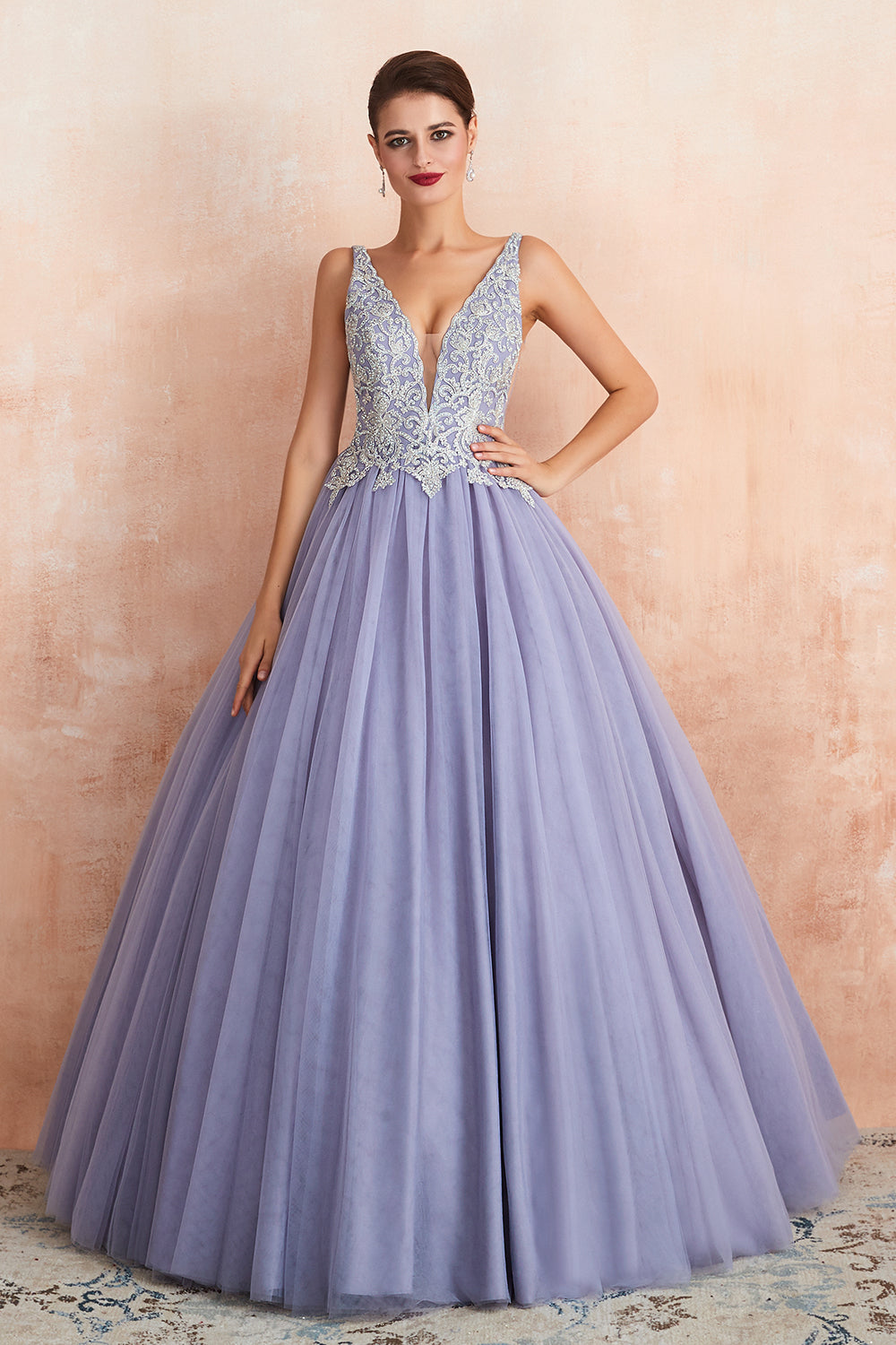Long Ball Gown V-neck Tulle Lace Prom Dress