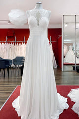 Modest Long A-line Chiffon Jewel Ruffles Appliques Open Back Wedding Dress
