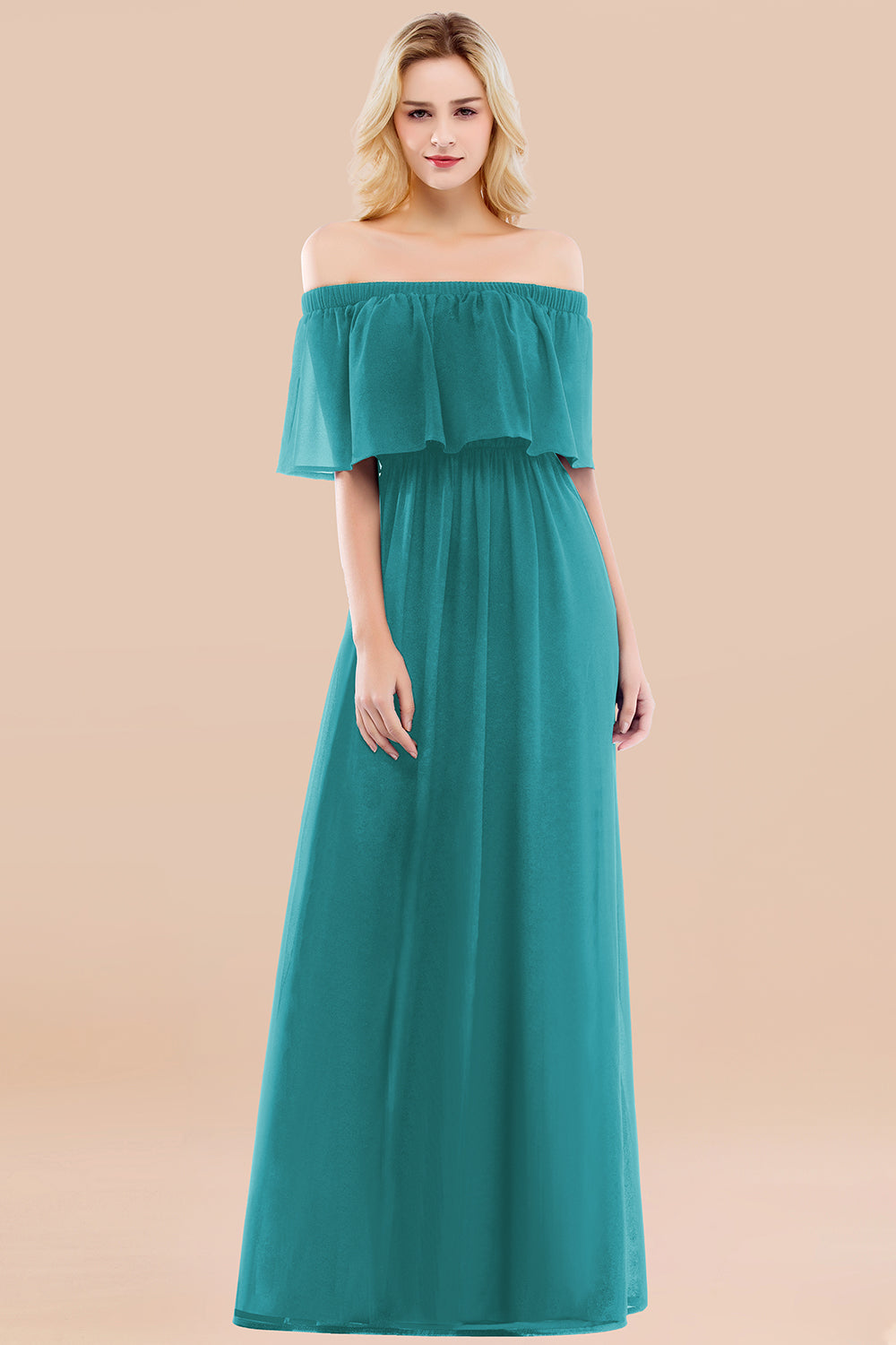A-line Chiffon Off the Shoulder Short Sleeves Ruffles Floor Length Bridesmaid Dress