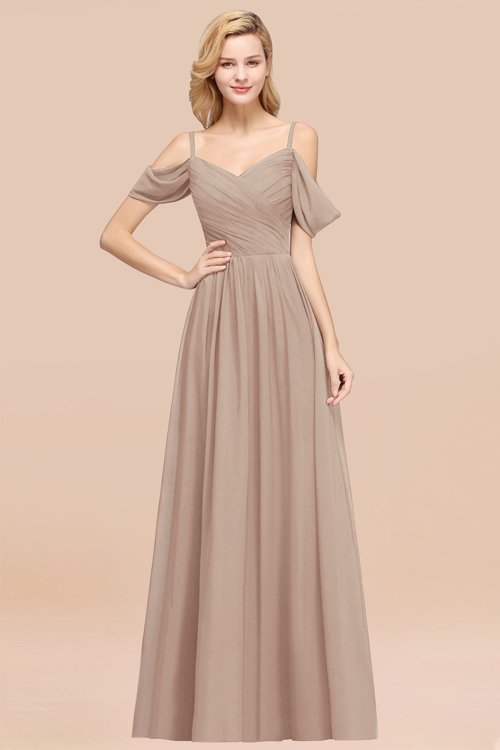 A-Line Chiffon V-Neck Spaghetti Straps Short Sleeves Floor Length Bridesmaid Dresses with Ruffles