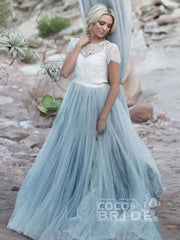 Two Piece A-line Long Sweep Train Tulle Wedding Dresses with Short Sleeves