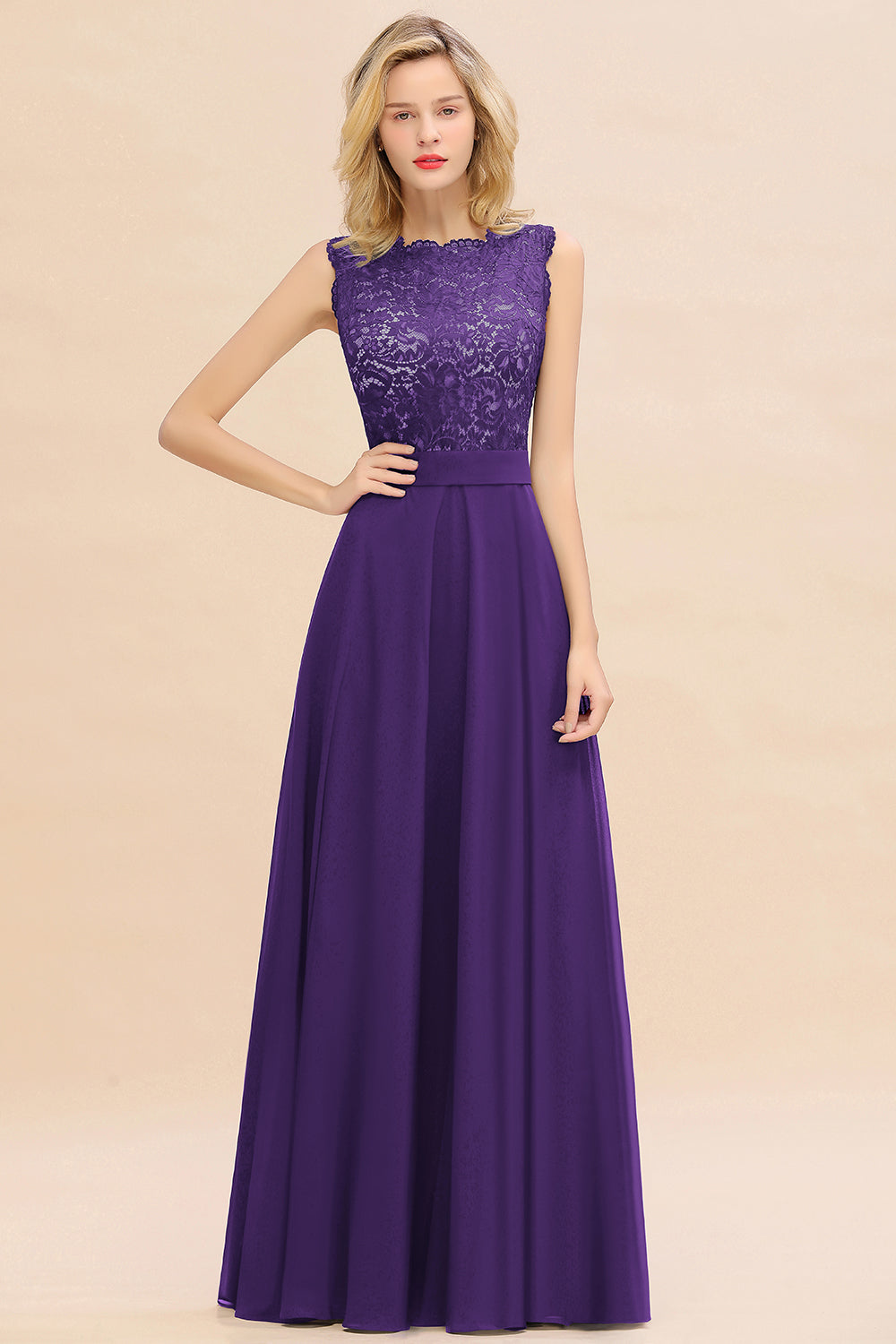 Long A-line Chiffon Lace Sleeveless Bridesmaid Dresses