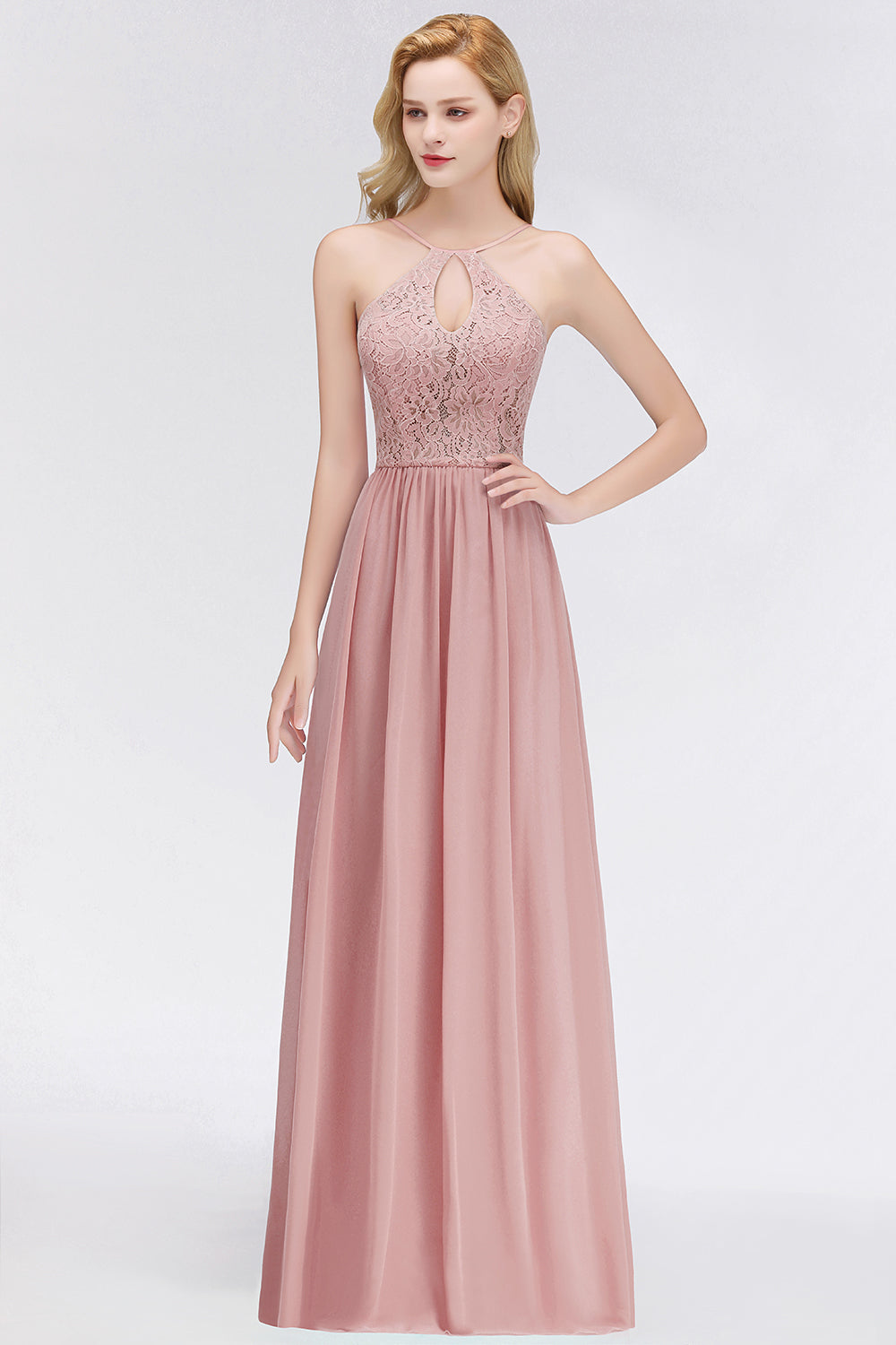 Lace A-line Keyhole Neckline Long Spaghetti Chiffon Bridesmaid Dresses