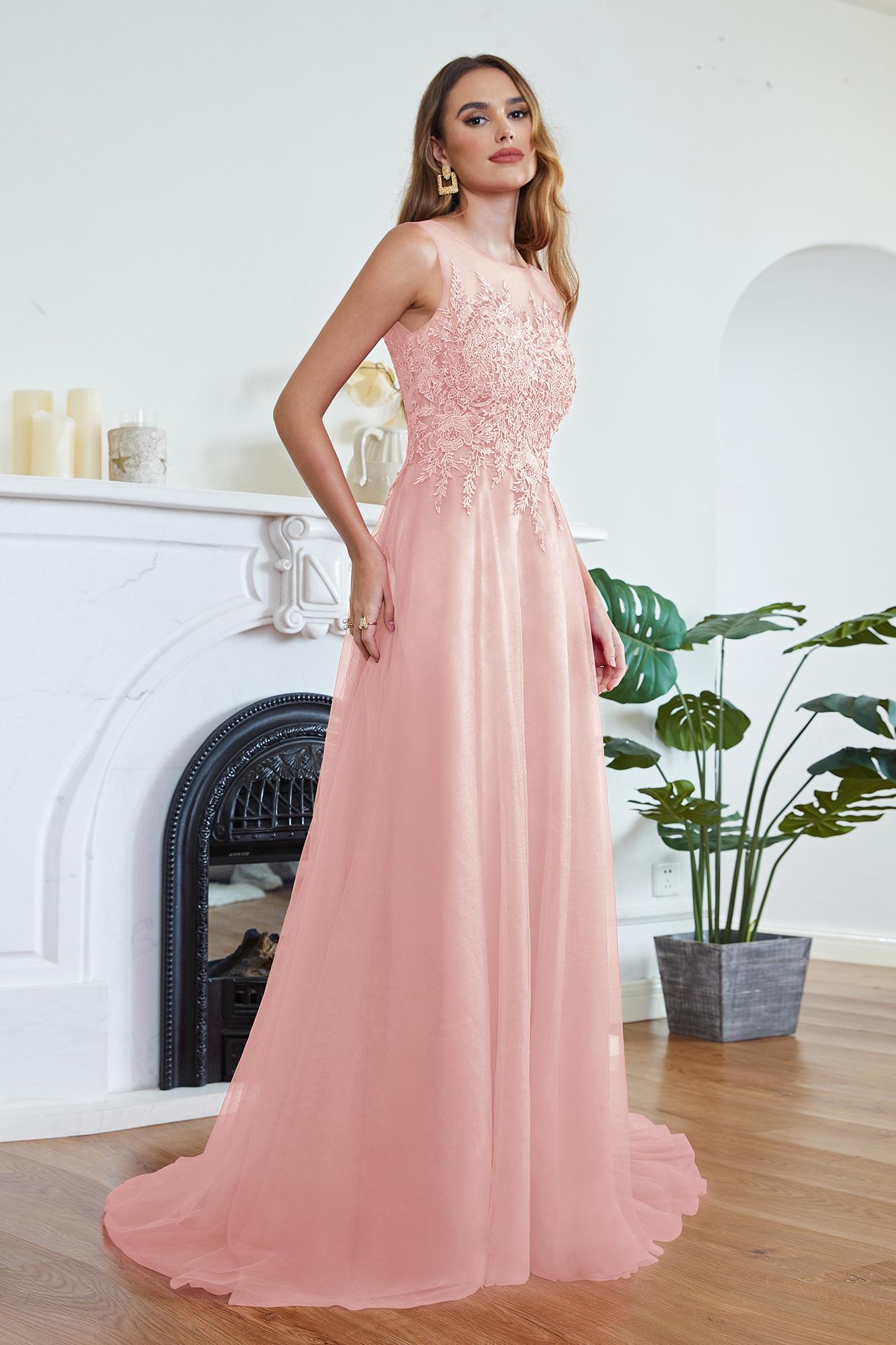 A-line Long Sleeveless Scoop Neck Tulle Lace Appliques Formal Evening Dress