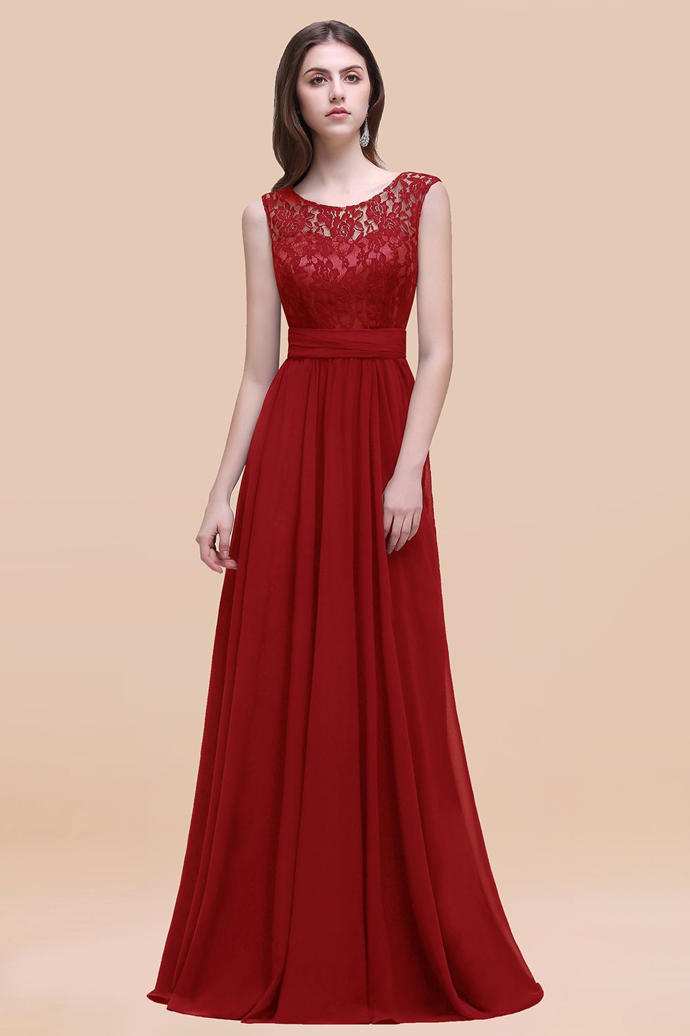 Elegant A-line Chiffon Lace Scoop Sleeveless Floor Length Bridesmaid Dress