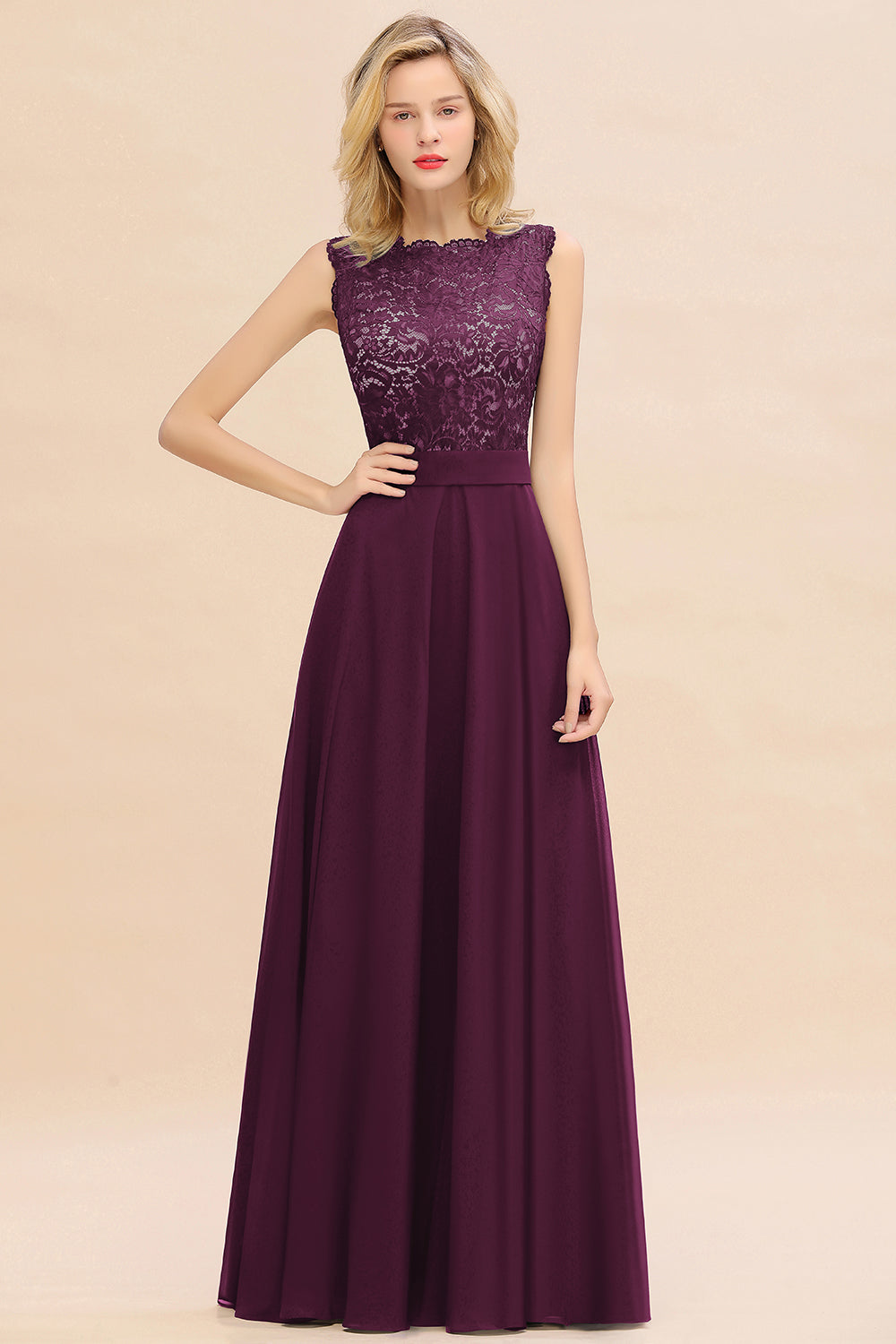 Long A-line Chiffon Lace Sleeveless Bridesmaid Dresses