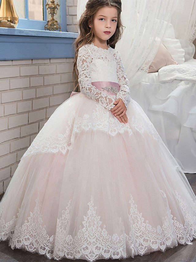 Long Ball Gown Jewel Neck Lace Flower Girl Dresses with Sleeves