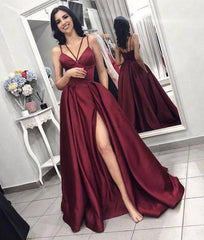 Long V-neck Spaghetti Straps Split Front Satin A-line Prom Dress with Pockets