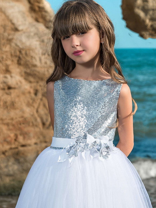Long Ball Gown Floor Length Sequin Tulle Party Flower Girl Dresses
