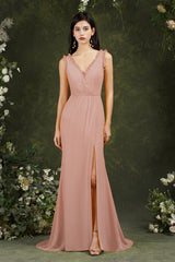 Stylish Wide Straps V-neck Backless Mermaid Chiffon Bridesmaid Dress With Split