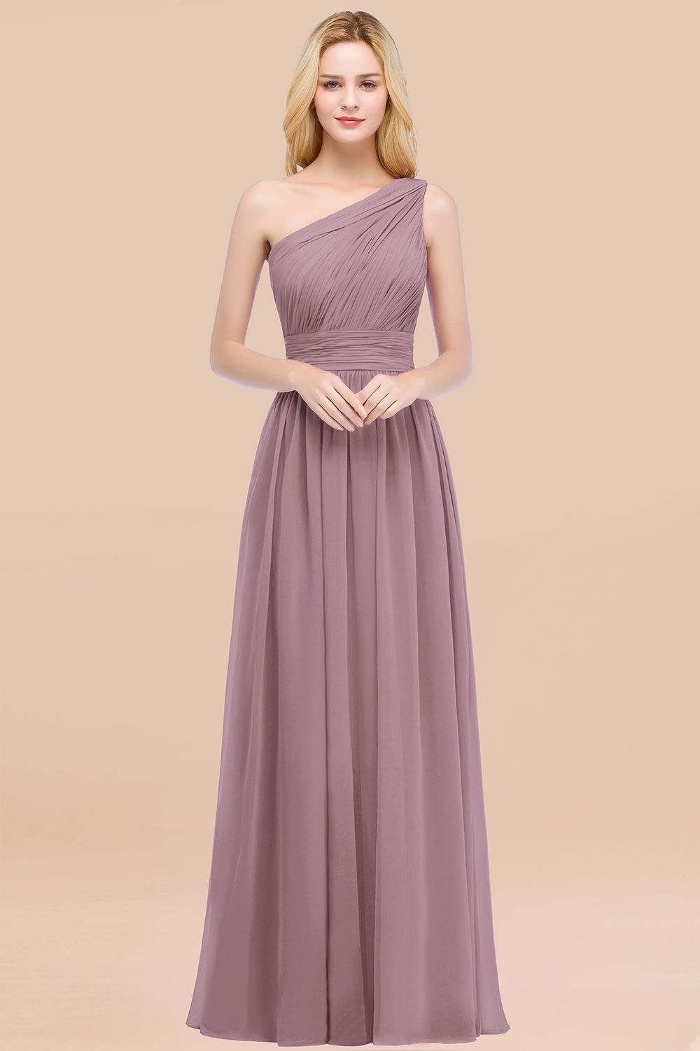 Elegant A-Line Chiffon One Shoulder Sleeveless Ruffles Floor Length Bridesmaid Dresses