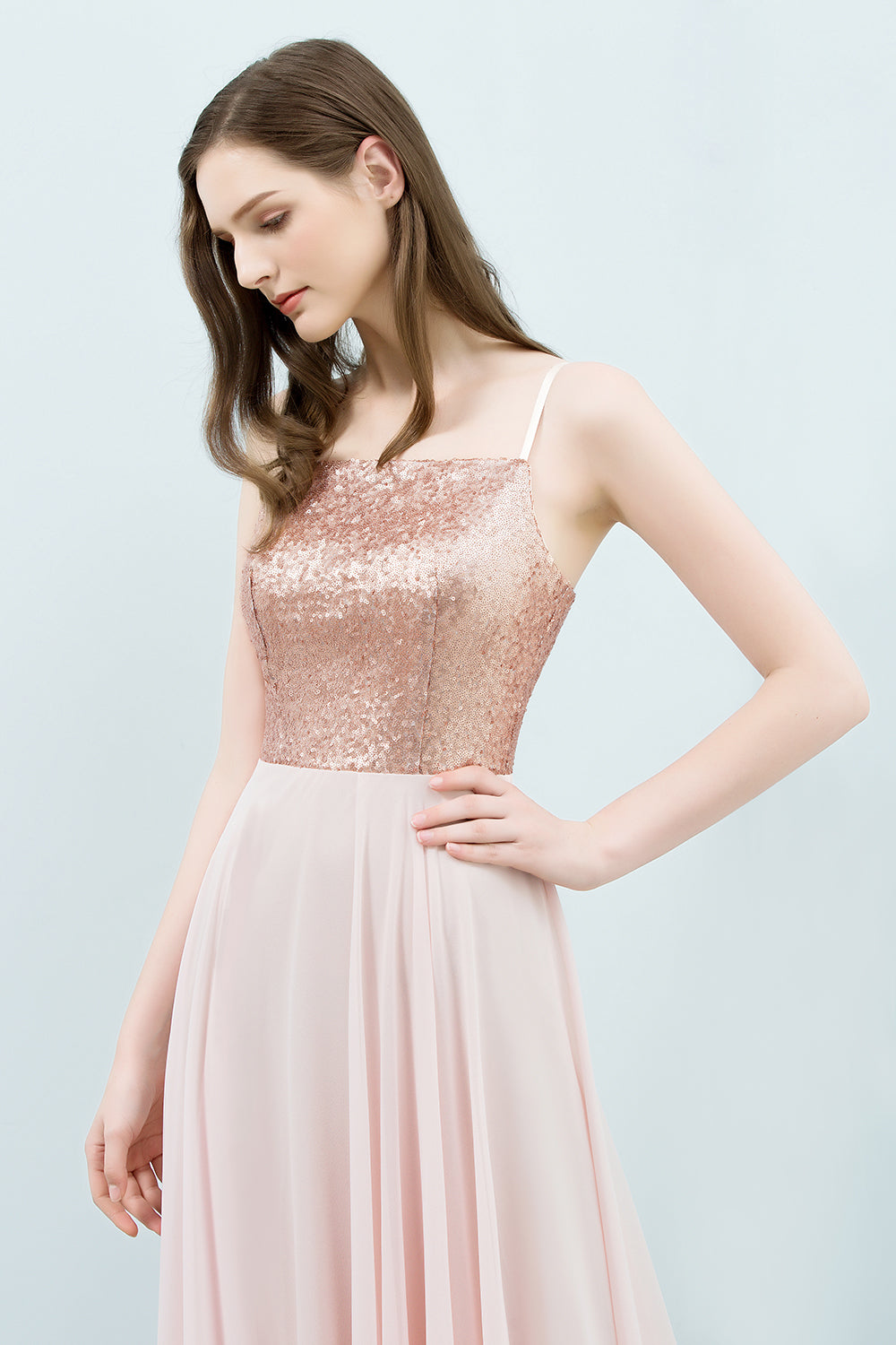 A-line Chiffon Sequined Spaghetti Straps Sleeveless Floor Length Bridesmaid Dress
