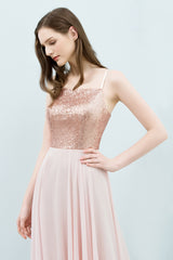 A-line Chiffon Sequined Spaghetti Straps Sleeveless Floor Length Bridesmaid Dress