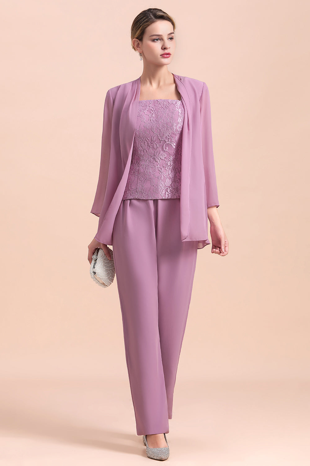 Elegant Lace Cap Sleeves Chiffon Mother of Bride Jumpsuit With Wrap