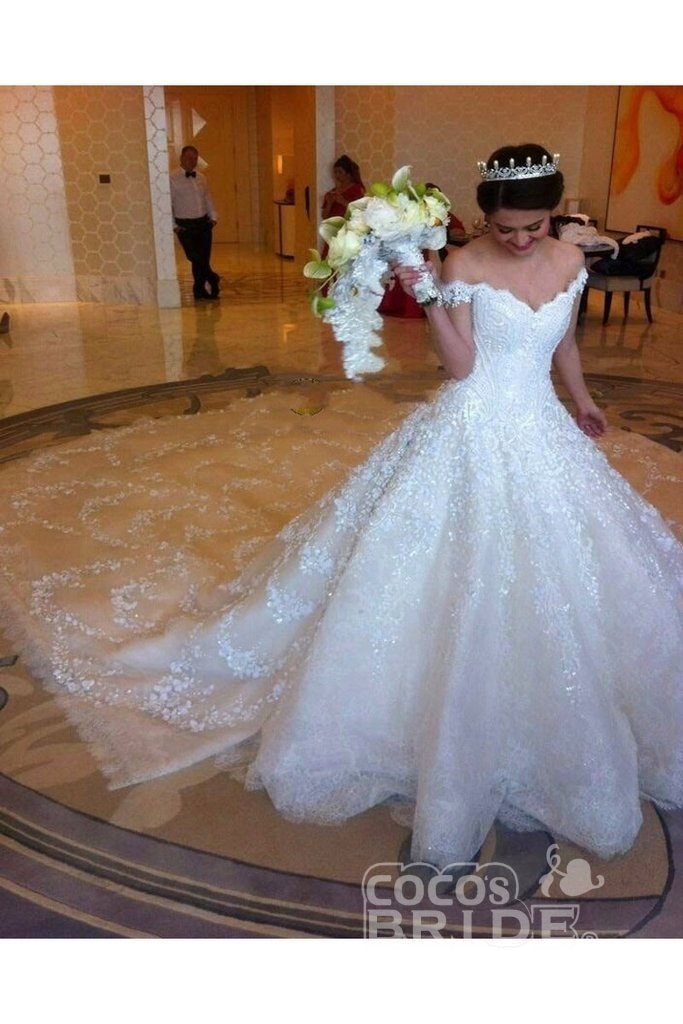 Gorgeous Long Off the Shoulder Ball Gown Princess Tulle Lace Wedding Dress