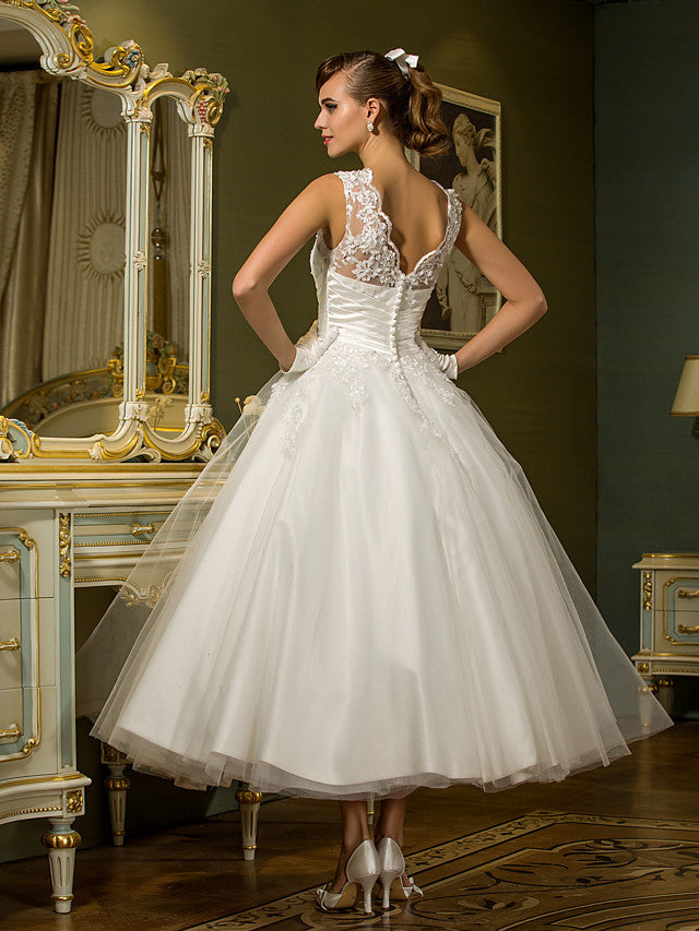 Short A-Line Satin Lace Ankle Length Vintage Wedding Dresses