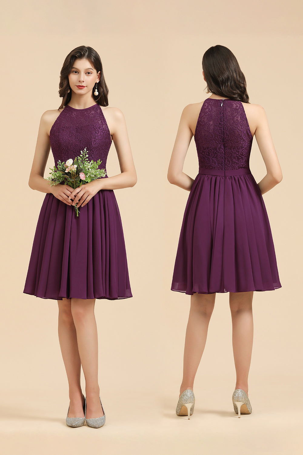 Short A-line Halter Lace Bridesmaid Dress Chiffon Wedding Party Dress