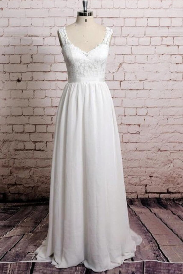 Awesome Long V-neck Lace Chiffon A-line Wedding Dress
