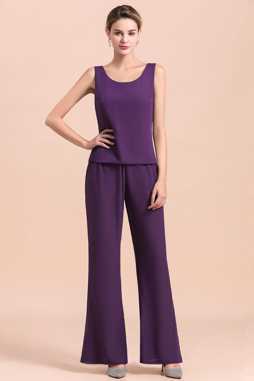 Straps Beading Grape Chiffon Long Sleeves Mother of Bride Jumpsuit With Wrap