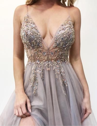 Long V-neck Tulle Beaded A-line Prom Dress with Slit