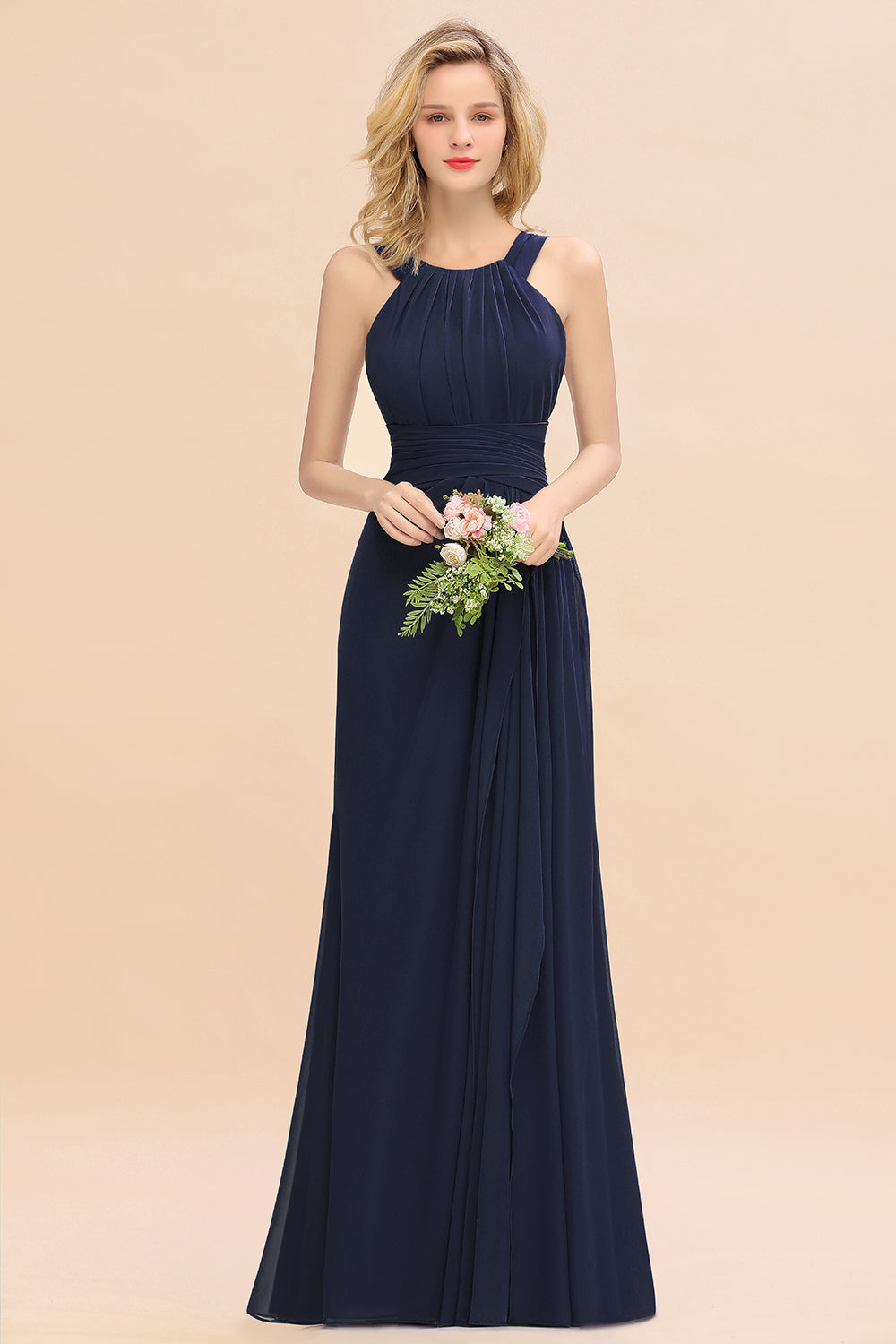 Long A-line Halter Chiffon Backless Floor Length Bridesmaid Dresses