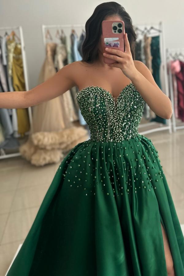 Long A-Line Strapless Sweetheart Satin Beaded Prom Dress with Slit