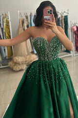 Long A-Line Strapless Sweetheart Satin Beaded Prom Dress with Slit
