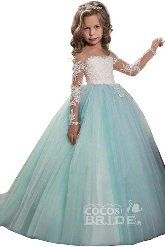White Scoop Neck Long Sleeves Ball Gown Flower Girl Dress