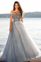 Long A-line Off the Shoulder Tulle Floor Length Glitter Prom Dress