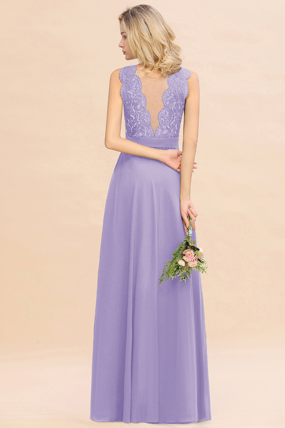 Long A-line Chiffon Lace Sleeveless Bridesmaid Dresses
