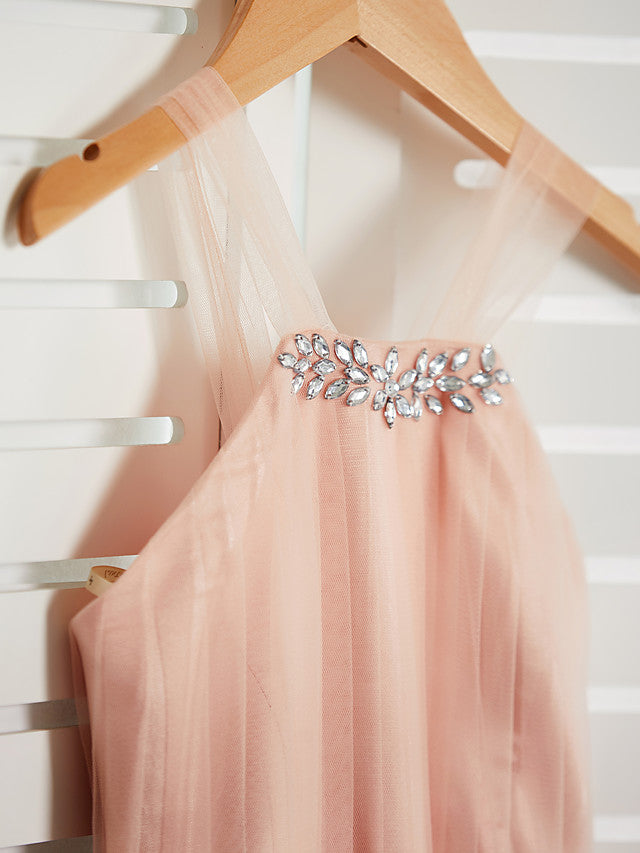 Long A-Line Halter Neck Junior Bridesmaid Dress Tulle Wedding Party Dresses