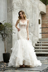 Elegant Long V-neck Appliques Lace Mermaid Wedding Dress