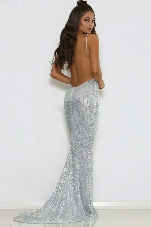 Long V-neck Sequined Mermaid Backless Prom Dress