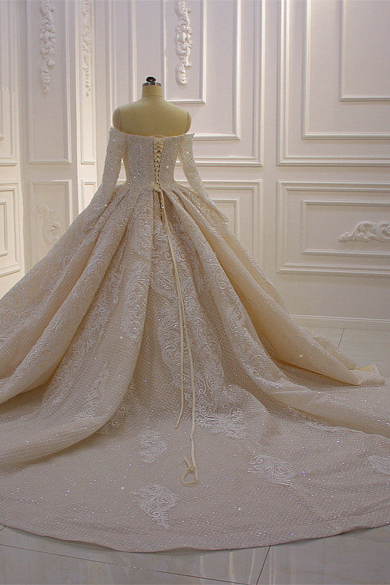 Gorgeous Off the Shoulder Long Sleeve Appliques Lace Ball Gown Wedding Dress