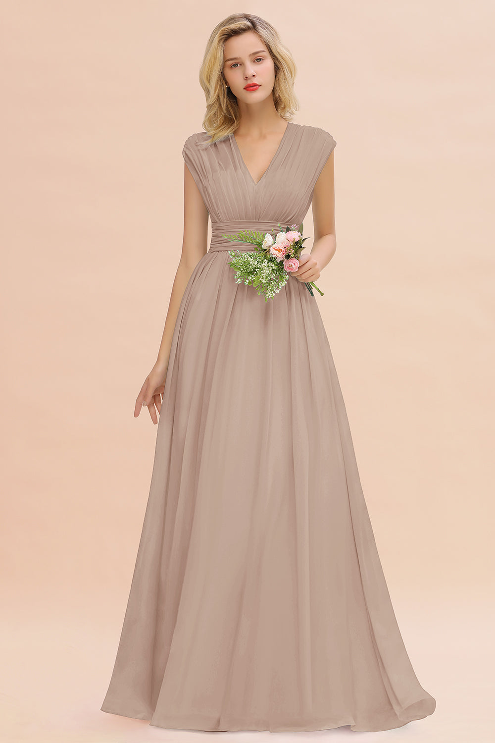 Chiffon V-Neck Sleeveless Elegant A-line Ruffles Bridesmaid Dress