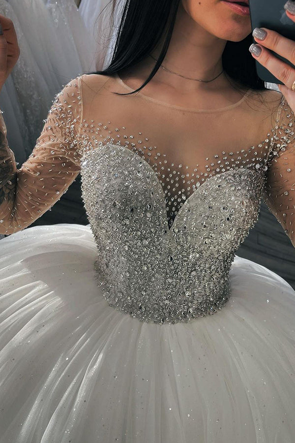 Elegant Long Ball Gown Sweetheart Beaings Tulle Wedding Dresses with Sleeves
