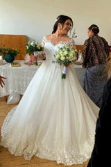 Elegant Ball Gown Off the Shoulder Long Sleeves Lace Wedding Dress