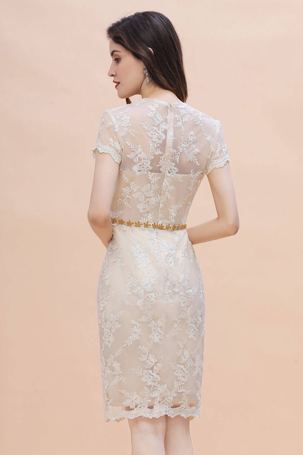 Tulle Lace Beads Belt Short Sleeves Mother of Bride Dress