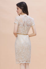 Tulle Lace Beads Belt Short Sleeves Mother of Bride Dress