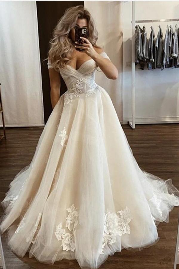 Classy Long A-line Off the Shoulder Tulle Lace Wedding Dress