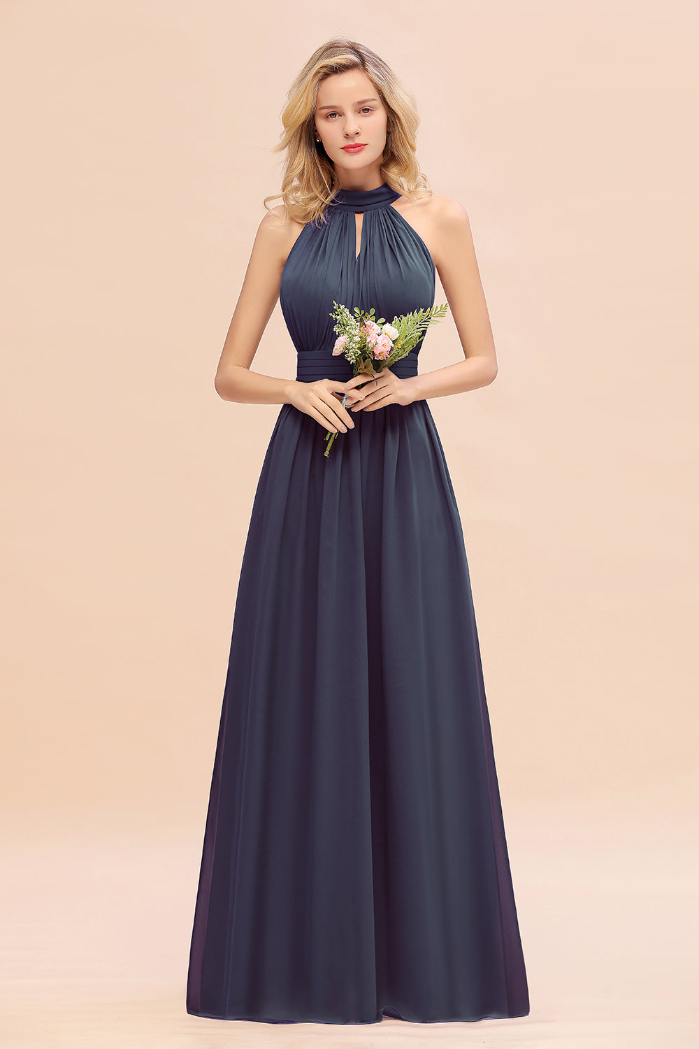 Dusty Sage Long High Neck Chiffon Bridesmaid Dresses with Ruffle