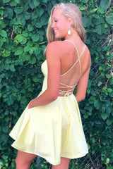A-line V-neck Satin Backless Homecoming Dress with Pockets