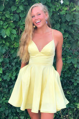 A-line V-neck Satin Backless Homecoming Dress with Pockets