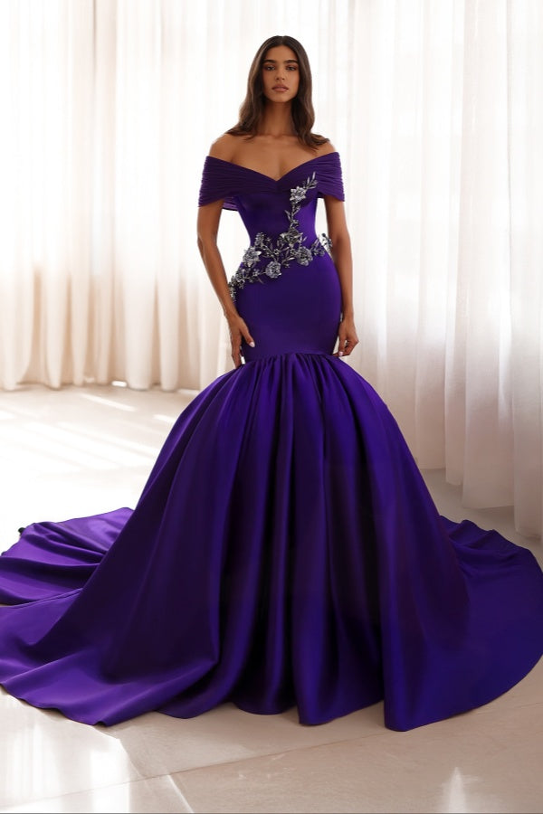 Long Mermaid Off the Shoulder Formal Evening Dresses with Applique Lace