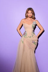 Long Mermaid Strapless Formal Evening Dresses with Applique Lace
