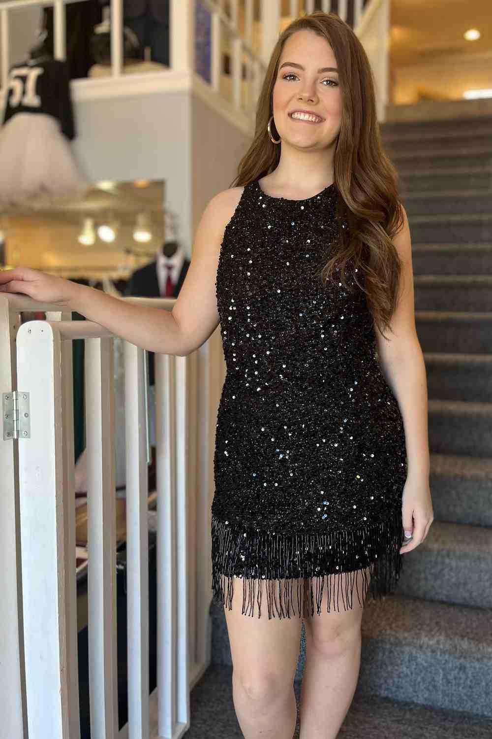Short Mermaid Red Halter Sequin Homecoming Dress with Tassel
